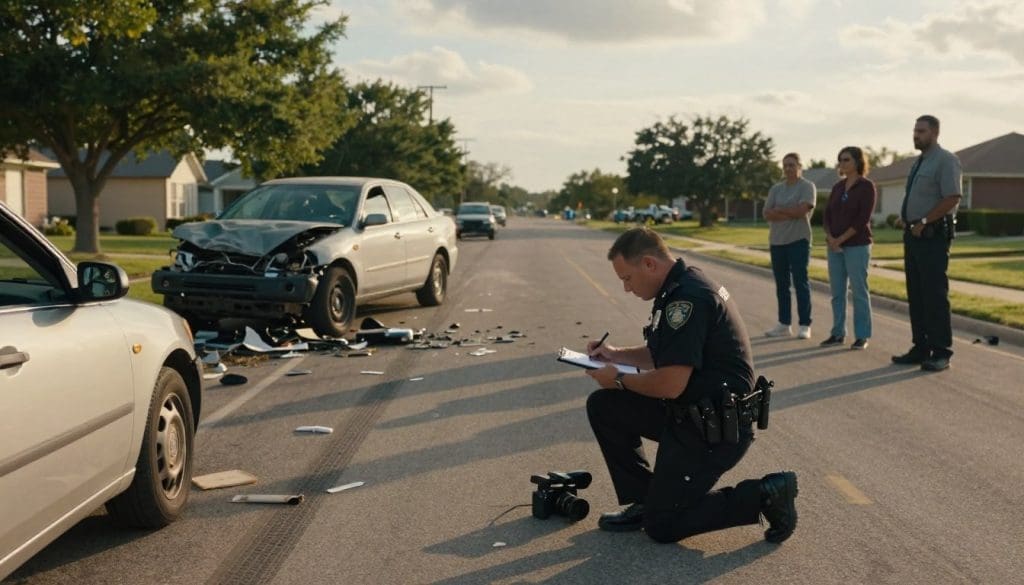 Police officer documenting a car accident scene in a suburban neighborhood, with damaged vehicles and bystanders observing, emphasizing the importance of thorough documentation for insurance and legal purposes.