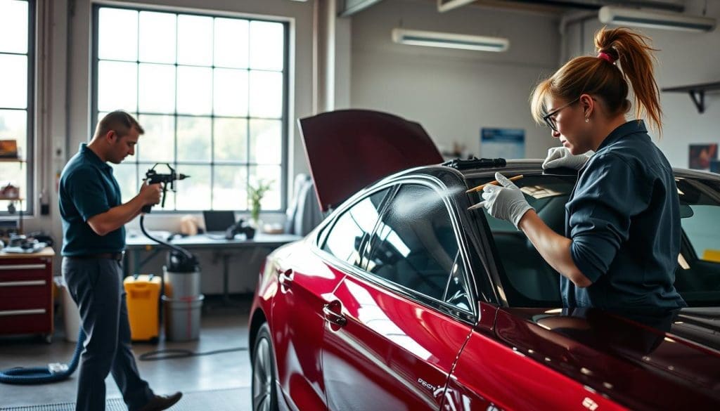 A professional auto body shop scene in San Antonio featuring certified auto body technicians working meticulously on a car. In the foreground, two technicians, one male and one female, dressed in professional work attire, are applying a fresh coat of vibrant auto paint on a sleek sedan, showcasing their precision and skill. The middle ground reveals a well-organized workspace with tools and equipment neatly arranged, including paint sprayers and body repair instruments. In the background, large windows allow natural light to flood the shop, illuminating the area and enhancing a sense of professionalism and cleanliness. The atmosphere is focused and industrious, reflecting dedication to quality auto repair, with a slight sheen from the recent paint job adding a touch of vibrancy.
