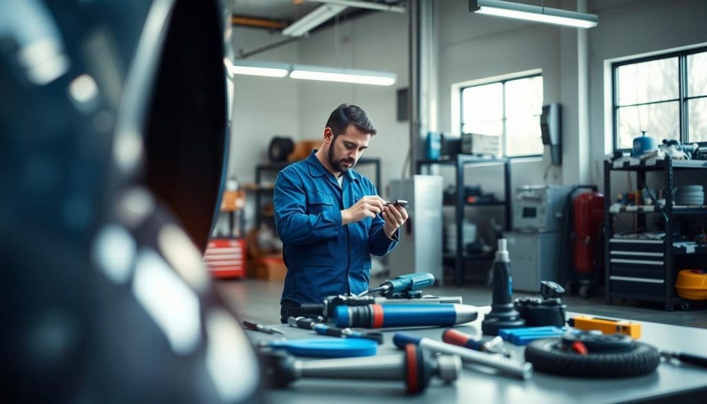 A professional auto repair service scene set in a clean, modern garage in San Antonio. In the foreground, a skilled mechanic in a blue uniform is carefully examining a vehicle with a dent, using specialized tools for paintless dent repair. In the middle ground, various auto repair tools and equipment are neatly arranged on a workbench, with a bright overhead light casting a warm glow. The background shows shelves stocked with car parts and a large window letting in natural light, creating a welcoming atmosphere. The mood is focused and industrious, highlighting the expertise and quality of service. Capture the scene with a slightly elevated angle to give a comprehensive view of the workspace. Aim for sharp detail and vibrant colors to convey professionalism and efficiency. A professional auto repair service scene set in a clean, modern garage in San Antonio. In the foreground, a skilled mechanic in a blue uniform is carefully examining a vehicle with a dent, using specialized tools for paintless dent repair. In the middle ground, various auto repair tools and equipment are neatly arranged on a workbench, with a bright overhead light casting a warm glow. The background shows shelves stocked with car parts and a large window letting in natural light, creating a welcoming atmosphere. The mood is focused and industrious, highlighting the expertise and quality of service. Capture the scene with a slightly elevated angle to give a comprehensive view of the workspace. Aim for sharp detail and vibrant colors to convey professionalism and efficiency.
