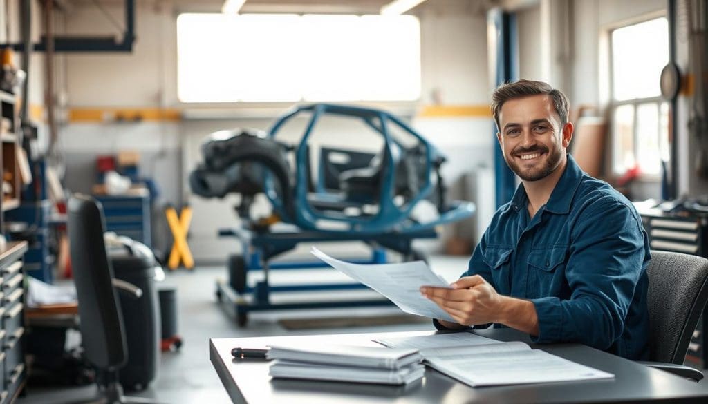 A professional auto repair shop interior scene, featuring a well-lit garage with tools and equipment neatly arranged. In the foreground, a friendly mechanic in a blue work uniform sits at a desk, reviewing paperwork related to insurance claims and cost estimates for frame repairs. The middle ground shows a frame machine with a slightly damaged vehicle, illustrating the repair process. In the background, a large window allows natural light to filter in, enhancing the inviting atmosphere of the workshop. The mood is supportive and informative, emphasizing expertise in assistance for costs and insurance, while the colors are warm and inviting to evoke trust and reliability.