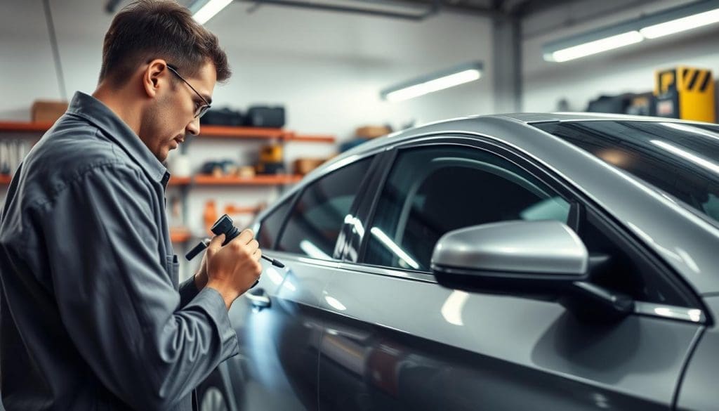 A professional auto technician performing paintless dent repair (PDR) on a car in a well-lit garage setting. In the foreground, the technician, dressed in a neat work uniform, is carefully using specialized tools to massage out a large hail dent on the side of a silver sedan, showing focus and precision. The middle layer features the car with clear details of the damaged area, illuminated by bright overhead lights reflecting off the vehicle's surface. In the background, shelves filled with various auto repair tools and equipment, adding to the authenticity of the scene. The overall atmosphere conveys professionalism and efficiency, emphasizing the skill involved in repairing hail damage without paint. The perspective is slightly angled to capture both the technician and the damage being addressed.