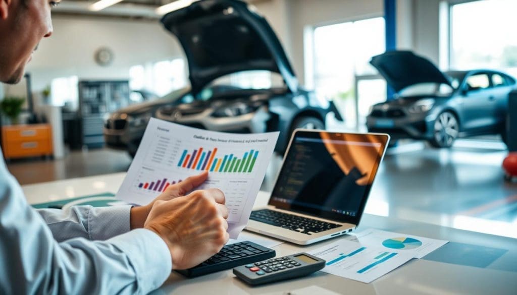A professional financial adviser sitting at a sleek, modern desk with a laptop open, reviewing charts and graphs related to collision repair financing, surrounded by paperwork and a calculator. In the foreground, a pair of hands gesturing towards vibrant financial documents displaying repair costs and insurance coverage. The middle ground features a large, partially visible car being repaired in a clean, well-lit auto shop, emphasizing precision and professionalism. The background displays a window allowing soft, natural light to flood the room, creating a warm and inviting atmosphere. The scene conveys a feeling of trust and optimism, highlighting the role of financial guidance in making collision repairs accessible. The perspective is slightly angled to provide depth, capturing both the adviser and the car in a cohesive, engaging composition.