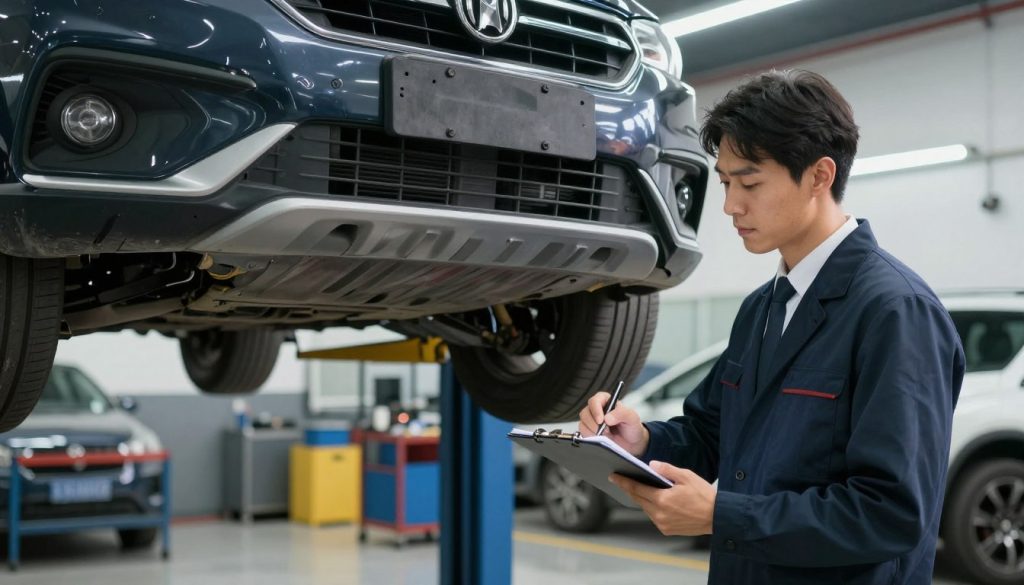 A professional mechanic in a garage is carefully inspecting a car bumper for signs of damage, dressed in a neat business attire. The foreground features the mechanic holding a clipboard and jotting down notes, while the middle ground showcases an elevated view of the partially disassembled bumper with tools arranged neatly around it. The background includes a well-lit garage with other cars and maintenance equipment, emphasizing a clean and organized workspace. The lighting is bright and focused, highlighting the details of the bumper and the mechanic's meticulous work. The atmosphere is serious and professional, reflecting the importance of careful inspections in vehicle maintenance. The image aims to convey reliability and expertise in automotive care.