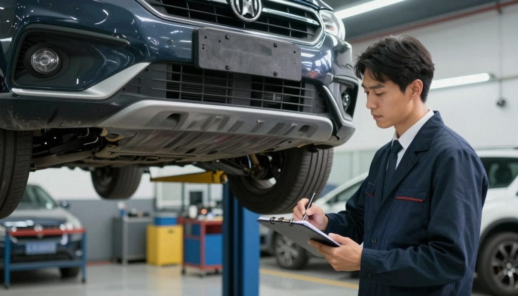 Professional mechanic inspecting car bumper for damage in auto repair shop, taking notes on clipboard, ensuring vehicle safety and maintenance.