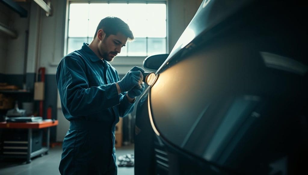 A professional mechanic inspecting a vehicle for hidden damage after an accident, depicted in a well-lit auto shop. In the foreground, the mechanic, dressed in a blue coverall and safety gloves, is closely examining a car's damaged fender using a flashlight. The middle ground features a detailed view of the car, showcasing scratches and minor dents, with tools and equipment neatly arranged on a workbench nearby. In the background, sunlight filters through a large window, illuminating the scene and creating a soft, focused glow that enhances the atmosphere of diligence and attention to detail. The overall mood conveys a sense of thoroughness and professionalism, essential for identifying potential hazards despite visible damage. A professional mechanic inspecting a vehicle for hidden damage after an accident, depicted in a well-lit auto shop. In the foreground, the mechanic, dressed in a blue coverall and safety gloves, is closely examining a car's damaged fender using a flashlight. The middle ground features a detailed view of the car, showcasing scratches and minor dents, with tools and equipment neatly arranged on a workbench nearby. In the background, sunlight filters through a large window, illuminating the scene and creating a soft, focused glow that enhances the atmosphere of diligence and attention to detail. The overall mood conveys a sense of thoroughness and professionalism, essential for identifying potential hazards despite visible damage.