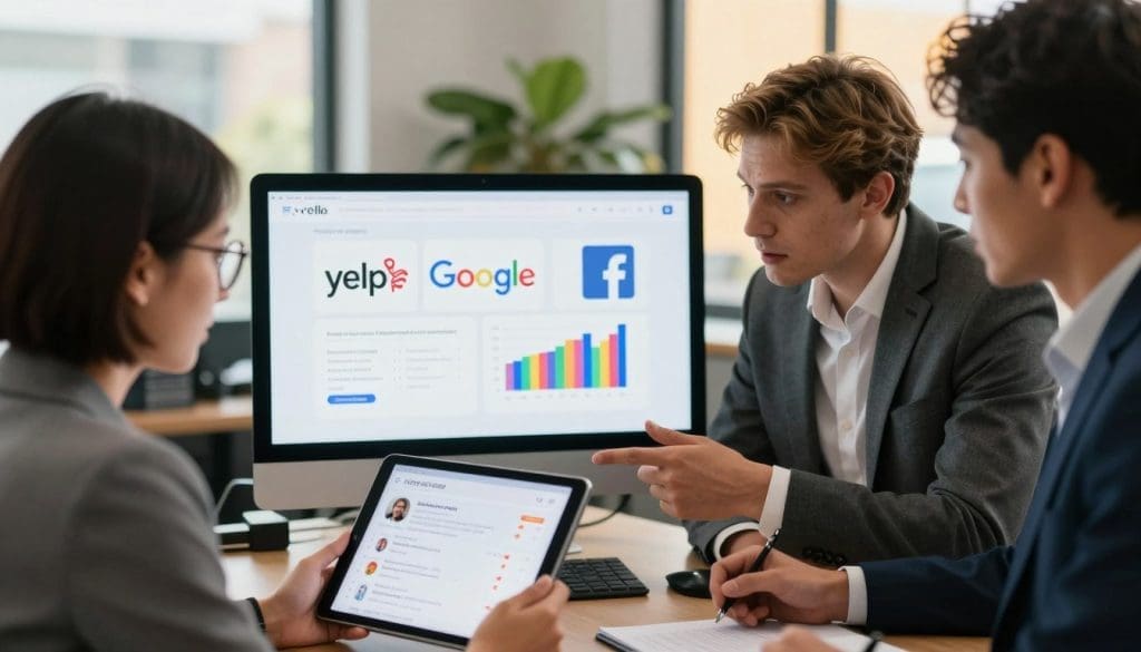 A professional setting depicting a diverse group of individuals in business attire discussing auto body shop reviews. In the foreground, a woman with short hair and glasses holds a tablet showing different review platforms. Beside her, a man with light brown hair points to a colorful bar graph analyzing customer ratings. In the middle, a large screen displays various logos of review platforms like Yelp, Google, and Facebook. The background features a modern office environment with plants and a window letting in warm, natural light, creating a welcoming atmosphere. The lens focuses closely on their engaged expressions, highlighting their serious discussion about customer experiences. The overall mood is collaborative and informative. A professional setting depicting a diverse group of individuals in business attire discussing auto body shop reviews. In the foreground, a woman with short hair and glasses holds a tablet showing different review platforms. Beside her, a man with light brown hair points to a colorful bar graph analyzing customer ratings. In the middle, a large screen displays various logos of review platforms like Yelp, Google, and Facebook. The background features a modern office environment with plants and a window letting in warm, natural light, creating a welcoming atmosphere. The lens focuses closely on their engaged expressions, highlighting their serious discussion about customer experiences. The overall mood is collaborative and informative.