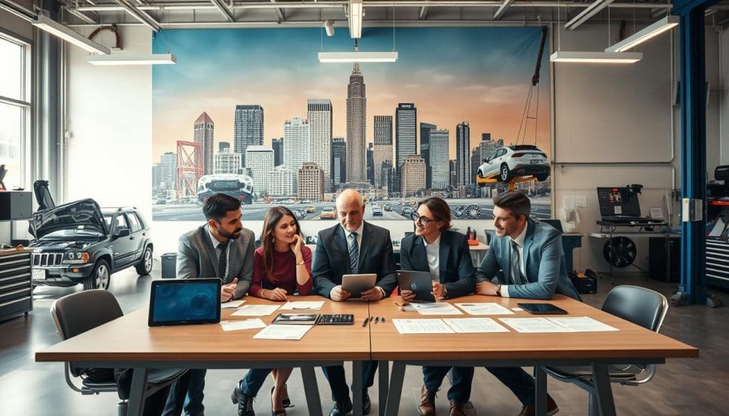 A professional setting showcasing two meeting tables positioned in a well-lit auto body repair shop in San Antonio. In the foreground, a diverse group of four professionals, dressed in business attire, are engaged in a discussion over repair program options. They are surrounded by digital tablets and paperwork representing various direct repair and independent options. The middle ground features a large mural on the wall depicting San Antonio's city skyline and an array of auto parts, symbolizing the local automotive industry. The background shows repair bays with vehicles in progress, bright lighting illuminating the workspace, and tools neatly organized. The mood is collaborative and focused, conveying a sense of professionalism and informed decision-making.