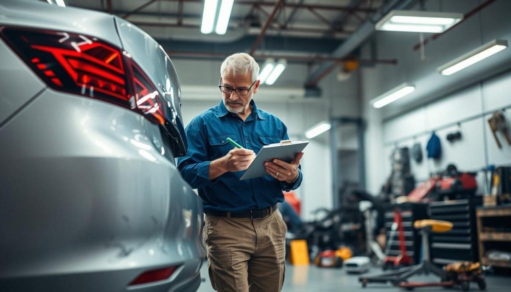 A professional technician evaluating vehicle damage in a well-lit garage environment. In the foreground, focus on the technician, a middle-aged person in a blue work shirt and khaki pants, intently inspecting the rear bumper of a damaged sedan. The technician is using a clipboard to note details about the damage. In the middle ground, the damaged vehicle shows visible scratches and dents on the bumper, with tools and equipment scattered around, enhancing the workshop feel. The background features various car parts and repair tools, softly blurred to keep the focus on the technician. The overall atmosphere is serious and industrious, with bright overhead lights illuminating the scene, creating a realistic and professional mood.