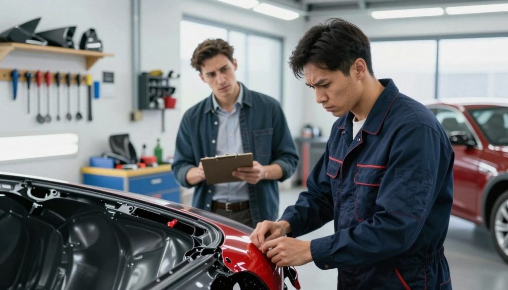 A scene inside a well-lit auto body shop, showcasing a professional, clean environment. In the foreground, a mechanic in a dark blue uniform inspects a vehicle's bodywork, frowning at potential issues, indicating red flags. In the middle, a customer, dressed in smart casual attire, observes with a skeptical expression, holding a clipboard with notes. Tools hang neatly on the wall, and there are various car parts displayed neatly. In the background, large windows allow natural light to illuminate the space, highlighting the shiny vehicles being worked on. The atmosphere is tense yet informative, emphasizing the customer's evaluative mindset. The focus is sharp, capturing the vibrancy of the workshop while suggesting careful consideration and discernment. A scene inside a well-lit auto body shop, showcasing a professional, clean environment. In the foreground, a mechanic in a dark blue uniform inspects a vehicle's bodywork, frowning at potential issues, indicating red flags. In the middle, a customer, dressed in smart casual attire, observes with a skeptical expression, holding a clipboard with notes. Tools hang neatly on the wall, and there are various car parts displayed neatly. In the background, large windows allow natural light to illuminate the space, highlighting the shiny vehicles being worked on. The atmosphere is tense yet informative, emphasizing the customer's evaluative mindset. The focus is sharp, capturing the vibrancy of the workshop while suggesting careful consideration and discernment.