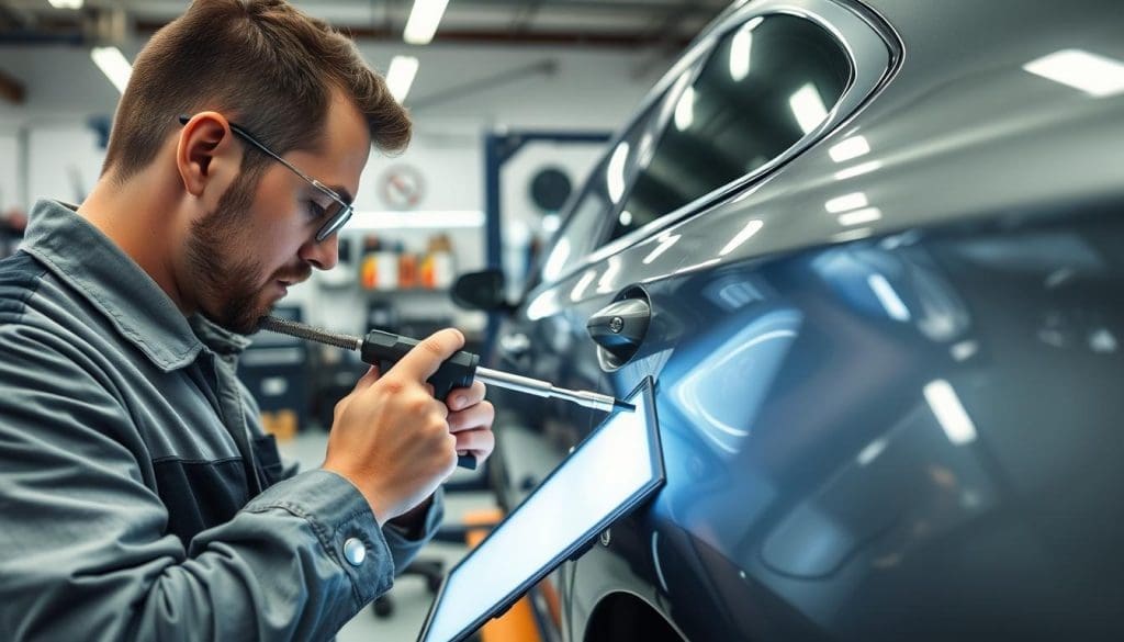 A skilled technician performing paintless dent repair on a car's metal body, showcasing intricate tools like a dent puller and rods. In the foreground, the technician, dressed in professional work attire, is focused on a specific dent while using a light board to identify imperfections. The middle ground features the car on a repair stand, with visible dents highlighted by the lighting, emphasizing the precision of the work. In the background, a well-organized workshop is filled with tools and equipment used for auto repairs. The lighting is bright yet soft, creating a clean and professional atmosphere, with a slight focus depth on the technician and tools to draw attention to the paintless dent repair process. A skilled technician performing paintless dent repair on a car's metal body, showcasing intricate tools like a dent puller and rods. In the foreground, the technician, dressed in professional work attire, is focused on a specific dent while using a light board to identify imperfections. The middle ground features the car on a repair stand, with visible dents highlighted by the lighting, emphasizing the precision of the work. In the background, a well-organized workshop is filled with tools and equipment used for auto repairs. The lighting is bright yet soft, creating a clean and professional atmosphere, with a slight focus depth on the technician and tools to draw attention to the paintless dent repair process.