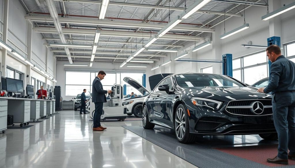 A spacious, modern auto repair facility featuring cutting-edge equipment and a pristine working environment. In the foreground, certified technicians, dressed in professional business attire, attentively work on a sleek, high-end vehicle, showcasing their expertise. The middle ground includes advanced tools and technology, such as computerized diagnostic machines and hydraulic lifts, with bright overhead LED lights illuminating each area. The background reveals clean, well-organized workstations and large windows allowing natural daylight to flood the space, creating a welcoming atmosphere. The mood is professional and efficient, emphasizing the importance of quality in auto repair. The perspective is slightly angled from a low viewpoint, capturing both the technicians at work and the immaculate facility around them. A spacious, modern auto repair facility featuring cutting-edge equipment and a pristine working environment. In the foreground, certified technicians, dressed in professional business attire, attentively work on a sleek, high-end vehicle, showcasing their expertise. The middle ground includes advanced tools and technology, such as computerized diagnostic machines and hydraulic lifts, with bright overhead LED lights illuminating each area. The background reveals clean, well-organized workstations and large windows allowing natural daylight to flood the space, creating a welcoming atmosphere. The mood is professional and efficient, emphasizing the importance of quality in auto repair. The perspective is slightly angled from a low viewpoint, capturing both the technicians at work and the immaculate facility around them.