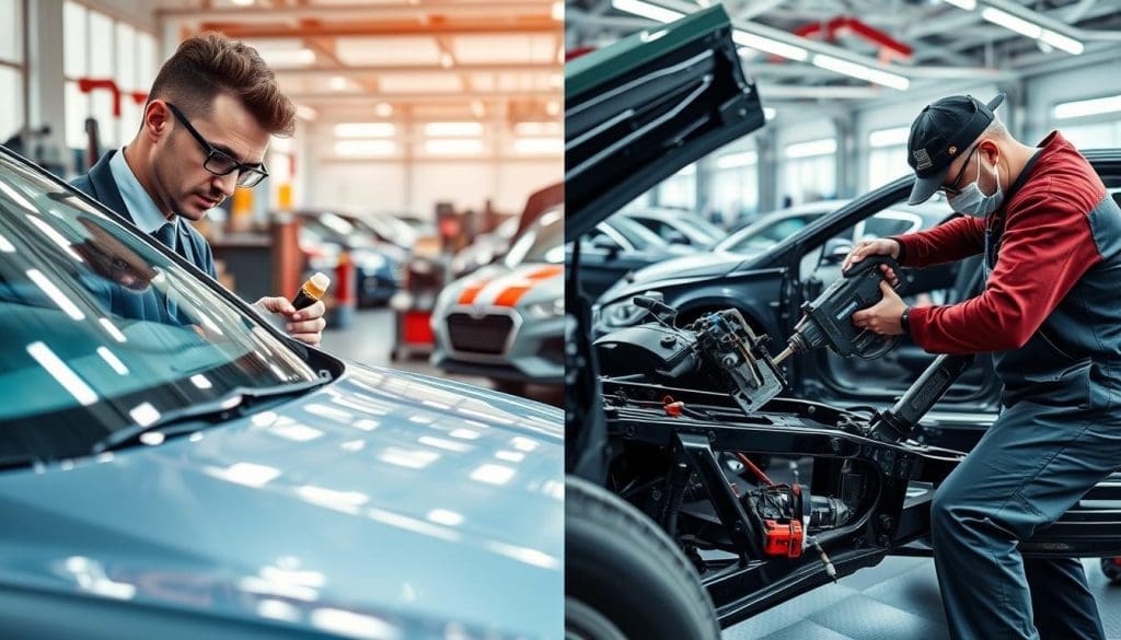 A split-image composition showcasing "cosmetic versus structural auto body repair." In the foreground, on the left, a skilled technician in professional attire is carefully applying a smooth coat of touch-up paint on a shiny car surface, emphasizing precision and detail in cosmetic repair. The right side features another technician using heavy-duty tools to align and reinforce the car’s frame, highlighting the strength of structural repair. In the middle ground, a well-organized auto body shop filled with equipment and tools conveys a professional atmosphere. The background includes cars in various repair stages under bright, natural lighting that enhances the vivid colors and textures. The overall mood is industrious and focused, illustrating the importance of both types of repairs in a collision repair context.