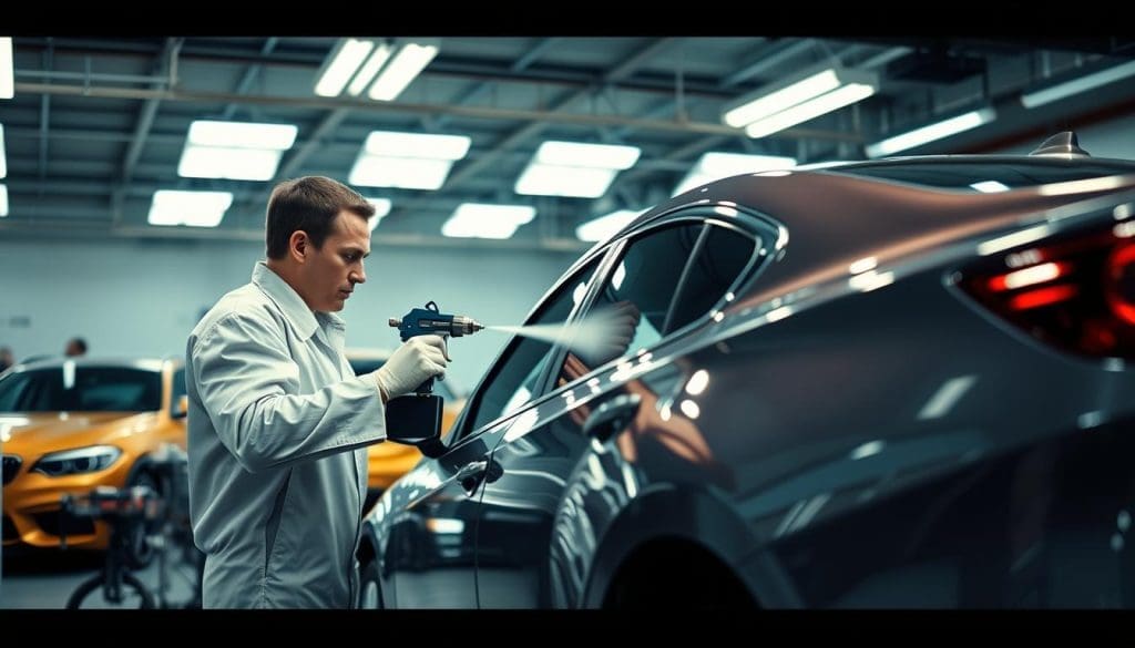 A vibrant auto body shop scene focused on the latest enhancements in auto painting and dent repair. In the foreground, a skilled technician in a clean, professional uniform is carefully applying a fresh coat of paint to a sleek car, showcasing modern painting techniques with a spray gun. The middle ground features an advanced dent repair station equipped with cutting-edge tools, highlighting the intricate process of smoothing out imperfections. In the background, bright overhead lights illuminate the workspace, enhancing the shiny metallic surfaces of various vehicles. The atmosphere is energetic and professional, with a sense of innovation and craftsmanship conveyed through dynamic angles and sharp focus on the technician’s expert movements. Auto body technician applying premium paint finish in a modern auto body shop, showcasing enhancements in auto painting and dent repair, with vehicles in the background.