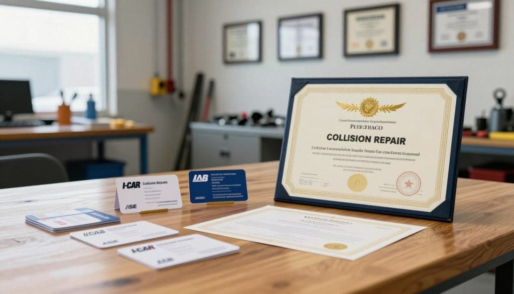 A visually engaging composition featuring a collection of key collision repair certifications laid out on a polished wooden table. In the foreground, focus on a glossy, certificate with gold foil detailing, symbolizing excellence in the industry. Beside it, a set of professional business cards reflecting various certifications, such as I-CAR and ASE, showcasing their logos. In the middle ground, a bright, well-lit workshop environment can be seen, with tools and equipment hinting at collision repair work. The background features a wall displaying framed certification badges to convey authority. Use soft, diffused natural lighting to create an atmosphere of professionalism and trustworthiness. The image should evoke a sense of skill, competence, and industry standards. A visually engaging composition featuring a collection of key collision repair certifications laid out on a polished wooden table. In the foreground, focus on a glossy, certificate with gold foil detailing, symbolizing excellence in the industry. Beside it, a set of professional business cards reflecting various certifications, such as I-CAR and ASE, showcasing their logos. In the middle ground, a bright, well-lit workshop environment can be seen, with tools and equipment hinting at collision repair work. The background features a wall displaying framed certification badges to convey authority. Use soft, diffused natural lighting to create an atmosphere of professionalism and trustworthiness. The image should evoke a sense of skill, competence, and industry standards.