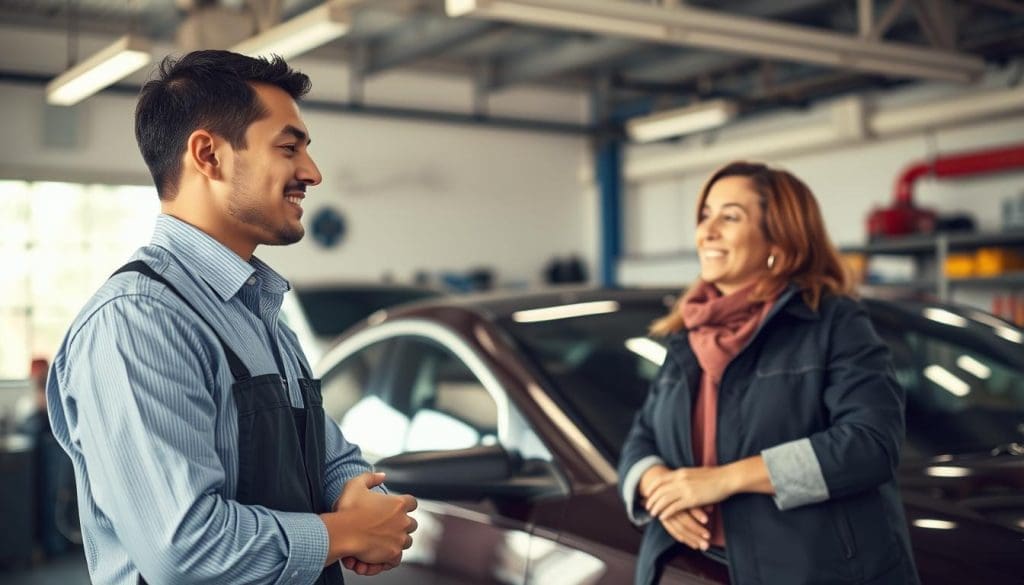 A visually engaging scene illustrating the benefits of an auto body repair warranty. In the foreground, a confident and professional auto technician, dressed in business casual attire, discusses a vehicle with a satisfied car owner, both smiling. The middle layer shows a shiny, well-repaired car with visible details of its paint and bodywork, emphasizing quality. In the background, a bright and inviting auto body shop, filled with tools and equipment, conveys professionalism. Soft, natural lighting illuminates the scene, creating a warm and reassuring atmosphere. The angle captures the interaction between the technician and the owner, emphasizing trust and satisfaction in their conversation, while the overall mood is positive and uplifting, highlighting reassurance and peace of mind associated with the warranty.