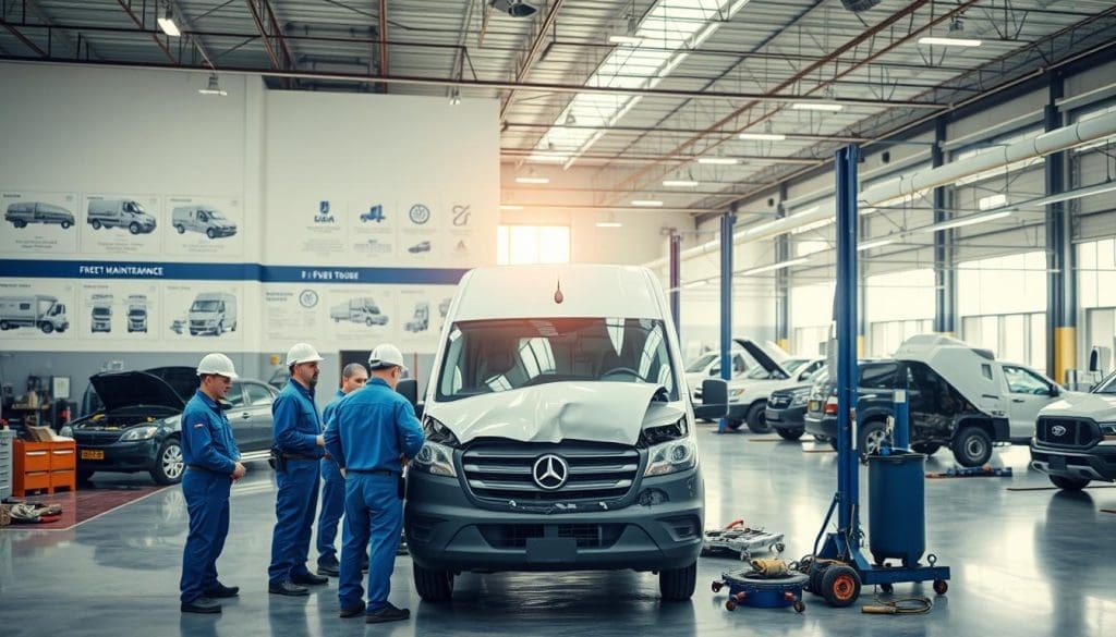 A well-equipped fleet collision repair facility in San Antonio, featuring various vehicles being worked on. In the foreground, a team of professionals dressed in blue uniforms and safety helmets collaborates around a damaged van, assessing repairs. The middle ground showcases mechanic tools, car parts, and a painted wall with detailed diagrams of fleet maintenance, highlighting their comprehensive services. In the background, large, well-lit bays with multiple vehicles in various stages of repair, emphasizing a busy and efficient atmosphere. Soft, natural lighting filters through high windows, creating a warm and inviting environment. The scene conveys a sense of professionalism, teamwork, and dedication to quality service for local businesses.