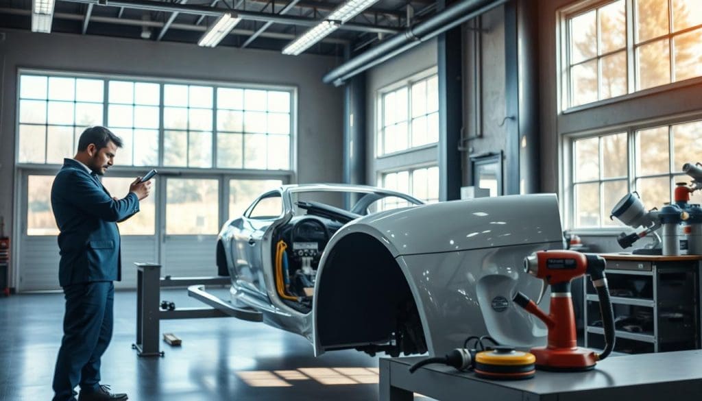 A well-lit auto body shop, featuring a clean, organized workspace. In the foreground, a skilled technician in professional attire carefully inspects a car chassis, examining the surface for imperfections under bright LED lights. The middle layer showcases a partially repainted vehicle, with vibrant colors and smooth textures, hinting at high-quality collision repair. Tools such as sanders, spray guns, and paint mixers are neatly arranged on a workbench nearby. In the background, large windows allow natural sunlight to flood in, creating a warm and inviting atmosphere. The scene conveys professionalism and expertise, capturing the essence of quality collision repair and repainting, while emphasizing attention to detail and commitment to excellence. A well-lit auto body shop, featuring a clean, organized workspace. In the foreground, a skilled technician in professional attire carefully inspects a car chassis, examining the surface for imperfections under bright LED lights. The middle layer showcases a partially repainted vehicle, with vibrant colors and smooth textures, hinting at high-quality collision repair. Tools such as sanders, spray guns, and paint mixers are neatly arranged on a workbench nearby. In the background, large windows allow natural sunlight to flood in, creating a warm and inviting atmosphere. The scene conveys professionalism and expertise, capturing the essence of quality collision repair and repainting, while emphasizing attention to detail and commitment to excellence.