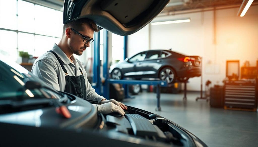 A well-lit automotive workshop scene featuring a mechanic in professional attire, inspecting a freshly repaired vehicle. In the foreground, the mechanic checks the engine, wearing safety glasses and gloves, showing attention to detail. The middle ground includes tools neatly organized on a workbench and a car lift with another vehicle in process. In the background, a large window allows natural light to fill the space, highlighting the clean and organized environment. The overall atmosphere is focused and industrious, conveying a sense of care and professionalism in post-repair vehicle maintenance. The angle is slightly elevated, capturing the mechanic's hands at work while emphasizing the vehicle’s polished exterior.