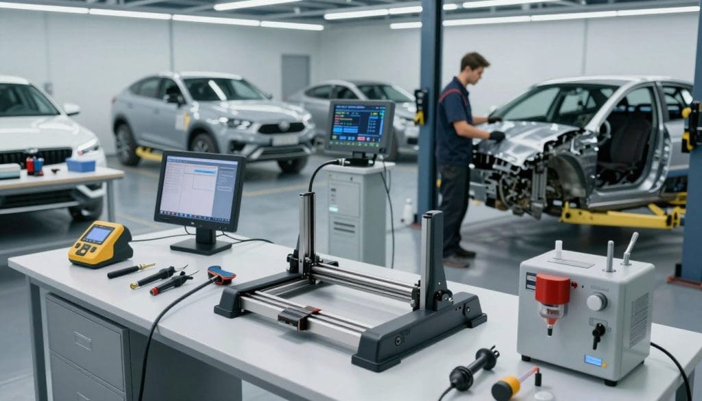 A well-lit modern auto body shop featuring an array of collision repair tools on a clean, organized workbench. In the foreground, high-quality tools including a laser measuring system, a computerized frame straightener, and a professional paint mixing station. The middle ground showcases a technician wearing a professional outfit, intently examining a car's damaged panel, surrounded by electronic diagnostic equipment and hydraulic lifts. In the background, a brightly lit workshop area with several cars in various stages of repair, showcasing a blend of technology and craftsmanship. The atmosphere is professional and efficient, emphasizing cleanliness and attention to detail, with soft ambient lighting highlighting the tools and equipment. The angle should offer a dynamic view that captures the essence of modern collision repair techniques. A well-lit modern auto body shop featuring an array of collision repair tools on a clean, organized workbench. In the foreground, high-quality tools including a laser measuring system, a computerized frame straightener, and a professional paint mixing station. The middle ground showcases a technician wearing a professional outfit, intently examining a car's damaged panel, surrounded by electronic diagnostic equipment and hydraulic lifts. In the background, a brightly lit workshop area with several cars in various stages of repair, showcasing a blend of technology and craftsmanship. The atmosphere is professional and efficient, emphasizing cleanliness and attention to detail, with soft ambient lighting highlighting the tools and equipment. The angle should offer a dynamic view that captures the essence of modern collision repair techniques.