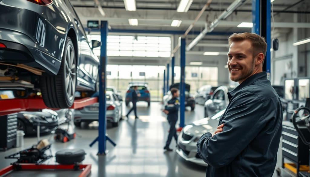 A well-lit, modern auto body shop interior, featuring sleek, high-tech repair equipment and tools. In the foreground, a friendly technician in a professional uniform examines a car on a hydraulic lift, showcasing attention to detail and expertise. The middle ground includes various vehicles in different stages of repair, highlighting the shop's efficiency and extensive service offerings. In the background, large windows let in natural light, revealing an organized workspace filled with paint booths and repair stations. The atmosphere combines professionalism and a welcoming vibe, emphasizing customer care and quality service. Use bright, clear lighting to enhance the cleanliness and orderliness of the space, shot at a slight angle to provide depth and perspective. Modern auto body shop interior with high-tech repair equipment, technician smiling in foreground, vehicles on lifts, emphasizing quality service and repair expertise at Miracle Body and Paint Collision Center.