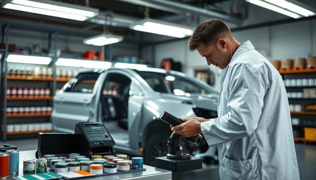 A well-lit, professional auto body shop environment showcases a skilled technician in a white lab coat, meticulously matching paint colors for a vehicle repair. In the foreground, the technician is focusing on a color-matching device, with various paint samples neatly organized on a nearby workbench. The middle ground features a partially repaired car, its body gleaming under bright overhead lights, highlighting the precision of the repair work. In the background, shelves lined with paint cans and tools emphasize the shop's organization and expertise. The atmosphere conveys a sense of professionalism and dedication, with soft lighting creating a warm yet technical ambiance. The angle captures the technician at work, emphasizing both the meticulous process and the beauty of perfectly matched paint.