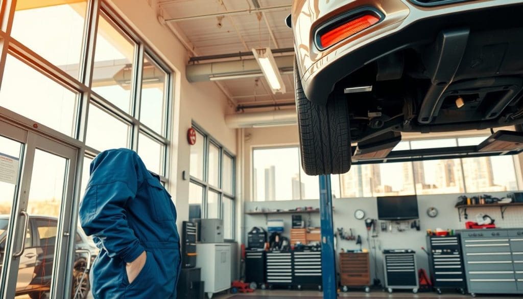 A well-maintained auto body collision center in San Antonio, showcasing a bright and inviting exterior with large glass windows revealing a clean, organized workspace inside. In the foreground, a professional technician in a blue jumpsuit inspects a car on a lift, demonstrating expertise and care. The middle ground features an array of tools and equipment, emphasizing a sense of cleanliness and professionalism. The background displays a sunny San Antonio skyline, hinting at the local community. Warm lighting casts a friendly atmosphere, while the camera angle is slightly low, creating an engaging perspective. The overall mood reflects trust, safety, and reliability, ideal for a reputable collision center.