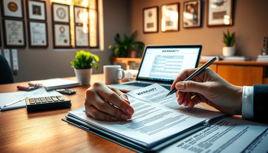 A well-organized office desk featuring an open folder with neatly arranged "Warranty Terms and Conditions" papers. In the foreground, a pair of hands in professional attire is highlighting key sections with a pen. The middle ground showcases a laptop displaying a warranty document, along with a calculator and a coffee mug, all meticulously organized. In the background, warm, natural light streams through a window, illuminating a wall with framed certifications and a small potted plant for a touch of greenery. The overall atmosphere is focused and professional, conveying the importance of understanding warranty terms and coverage restrictions.