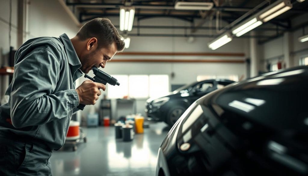 An expert auto paint repair scene in a bright, well-lit workshop. In the foreground, a skilled technician in professional attire meticulously applies a smooth layer of paint onto a car's fender, showcasing precision with a spray gun. In the middle ground, there's a variety of tools and paint cans neatly arranged, emphasizing a clean and organized workspace. The background features a polished car in the process of repair, with reflective surfaces that gleam under overhead lighting. Soft shadows enhance the depth of the scene, creating a focused atmosphere of expertise and professionalism. The overall mood is industrious and inviting, embodying the artistry of auto paint repair as it transforms a vehicle's appearance.