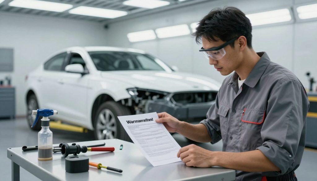 An informative scene depicting the concept of warranties in auto body repair. In the foreground, a professional auto body technician, dressed in a neat work shirt and safety goggles, is examining a detailed warranty document on a sleek workbench, surrounded by car parts and tools. The technician is focused, with tools like a paint sprayer and a car lift visible. In the middle ground, a partially repaired car can be seen, showcasing newly painted sections. The background features a well-lit workshop with high ceilings, large windows allowing natural light to illuminate the space, enhancing a sense of professionalism and trust. The mood is positive, reflecting reassurance and confidence in the warranty process for car repairs.