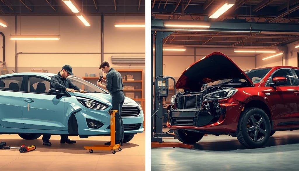 In a well-lit auto repair shop, showcase two distinct scenarios of collision repairs side by side. On the left, illustrate a professional mechanic performing minor repairs on a slightly dented car, using tools such as a hammer and a pulling machine. The car should have a modest, light blue color, with visible minor scratches and a small dent. On the right, depict a more intense scene of major repair work on a heavily damaged vehicle, with parts being replaced and tools like welding equipment and a hydraulic lift in action. The car should be a dark red color, clearly showing extensive damage. Warm overhead lights illuminate the space, creating a focused work atmosphere. Emphasize cleanliness and professionalism in the setting, ensuring all individuals wear safety gear and work attire. In a well-lit auto repair shop, showcase two distinct scenarios of collision repairs side by side. On the left, illustrate a professional mechanic performing minor repairs on a slightly dented car, using tools such as a hammer and a pulling machine. The car should have a modest, light blue color, with visible minor scratches and a small dent. On the right, depict a more intense scene of major repair work on a heavily damaged vehicle, with parts being replaced and tools like welding equipment and a hydraulic lift in action. The car should be a dark red color, clearly showing extensive damage. Warm overhead lights illuminate the space, creating a focused work atmosphere. Emphasize cleanliness and professionalism in the setting, ensuring all individuals wear safety gear and work attire.