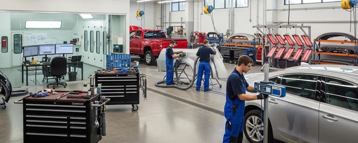 Auto collision repair shop with technicians working on vehicles, showcasing quality service and craftsmanship at Miracle Body and Paint Collision Center.