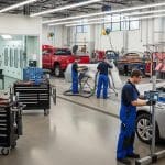 Auto collision repair shop with technicians working on vehicles, highlighting quality service