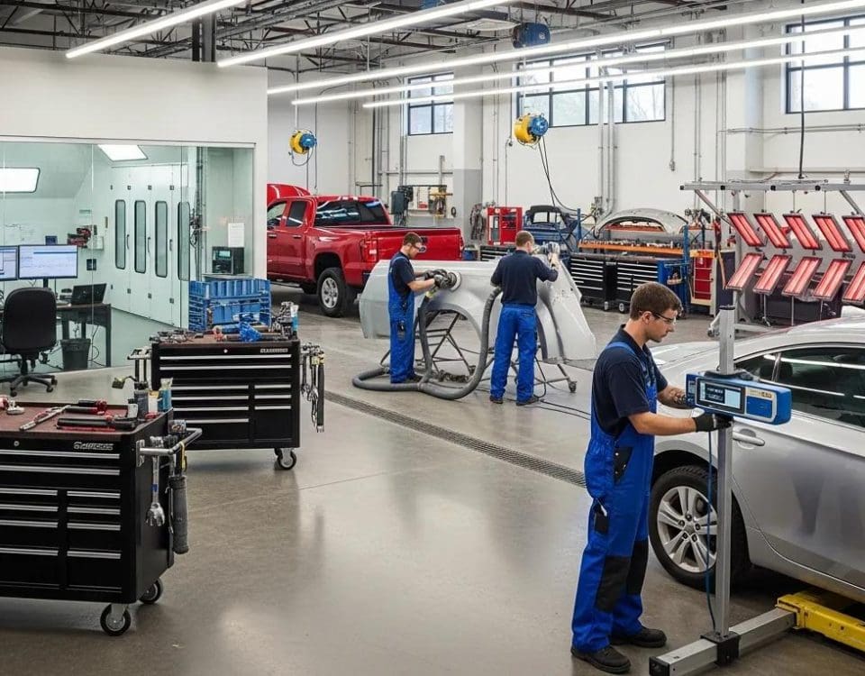 Auto collision repair shop with technicians working on vehicles, highlighting quality service