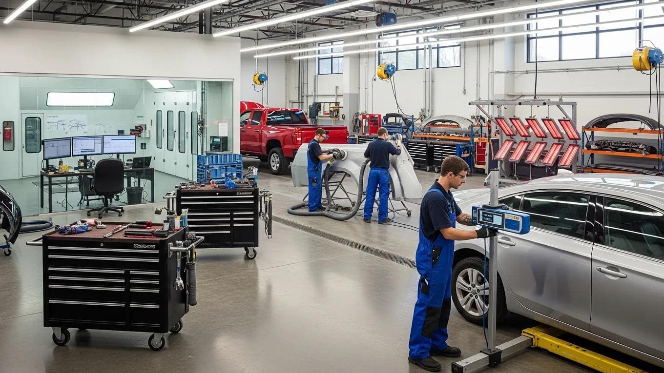 Auto collision repair shop with technicians working on vehicles, highlighting quality service and advanced equipment in San Antonio.