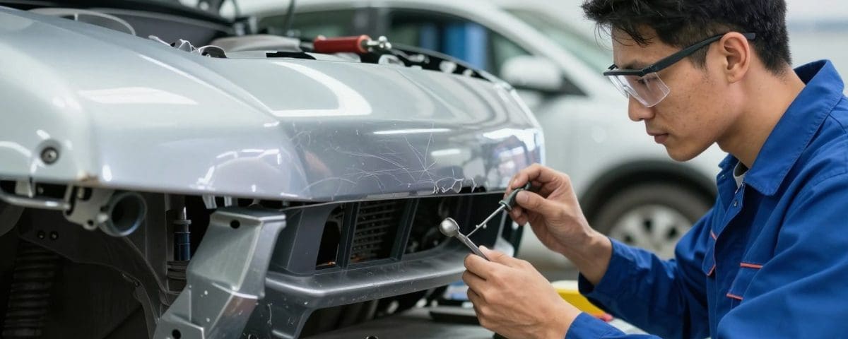 Auto body technician assessing bumper damage and performing repairs at Miracle Body and Paint in San Antonio, TX.