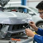 Auto body technician repairing a car bumper in a collision repair shop, highlighting the importance of dedicated fleet repair services.