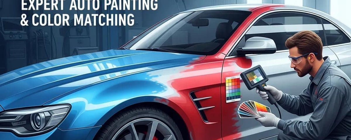 Expert auto painting and color matching service, technician analyzing color samples on a car with blue and red paint, showcasing vehicle aesthetics and quality repair.