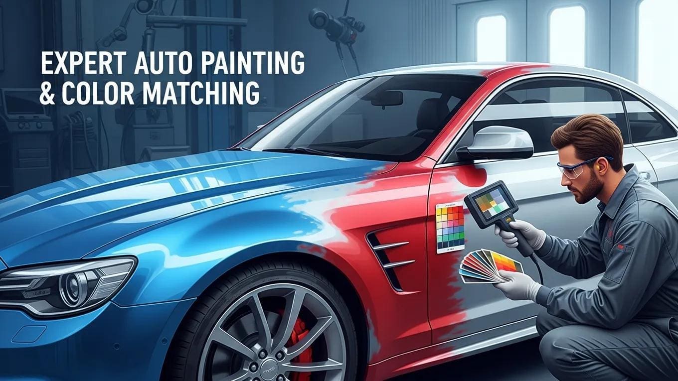 Expert auto painting and color matching service in San Antonio, technician analyzing car paint with color samples and matching device.