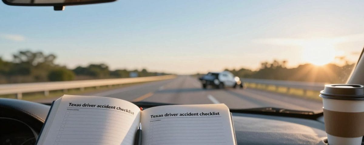 Texas driver accident checklist notebook in vehicle foreground with highway view and police car in background, emphasizing post-accident guidance and safety.