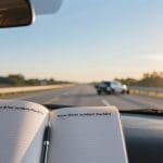 Interior view of a car with an open accident checklist notebook, focusing on the road ahead, emphasizing the importance of post-accident assessments for Texas drivers.