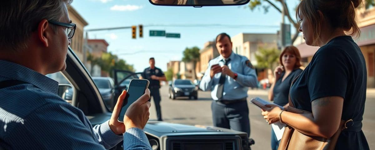 Man in vehicle using smartphone, woman taking notes, police officer assisting after car accident, San Antonio street scene.