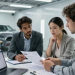 Three individuals discussing auto body repair options in a collision center, reviewing documents and considering services offered by Miracle Body and Paint.