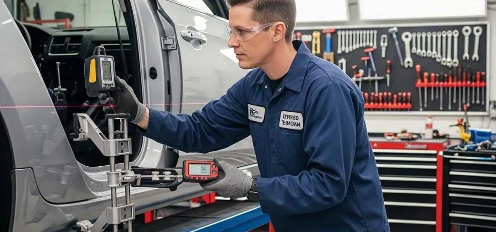 Certified auto body repair technician working on vehicle frame in a professional garage