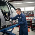 Certified auto body repair technician working on vehicle frame in a professional garage