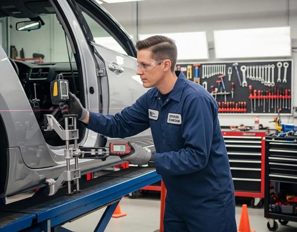 Certified auto body repair technician working on vehicle frame in a professional garage