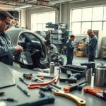 Auto body repair technicians working on vehicles in a collision repair shop, surrounded by tools and equipment, illustrating the collision repair process at Miracle Body and Paint in San Antonio.