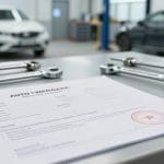Document detailing auto body repair warranty on a workbench with tools, in a garage setting, relevant to Texas driver checklist after an accident and professional vehicle assessments.