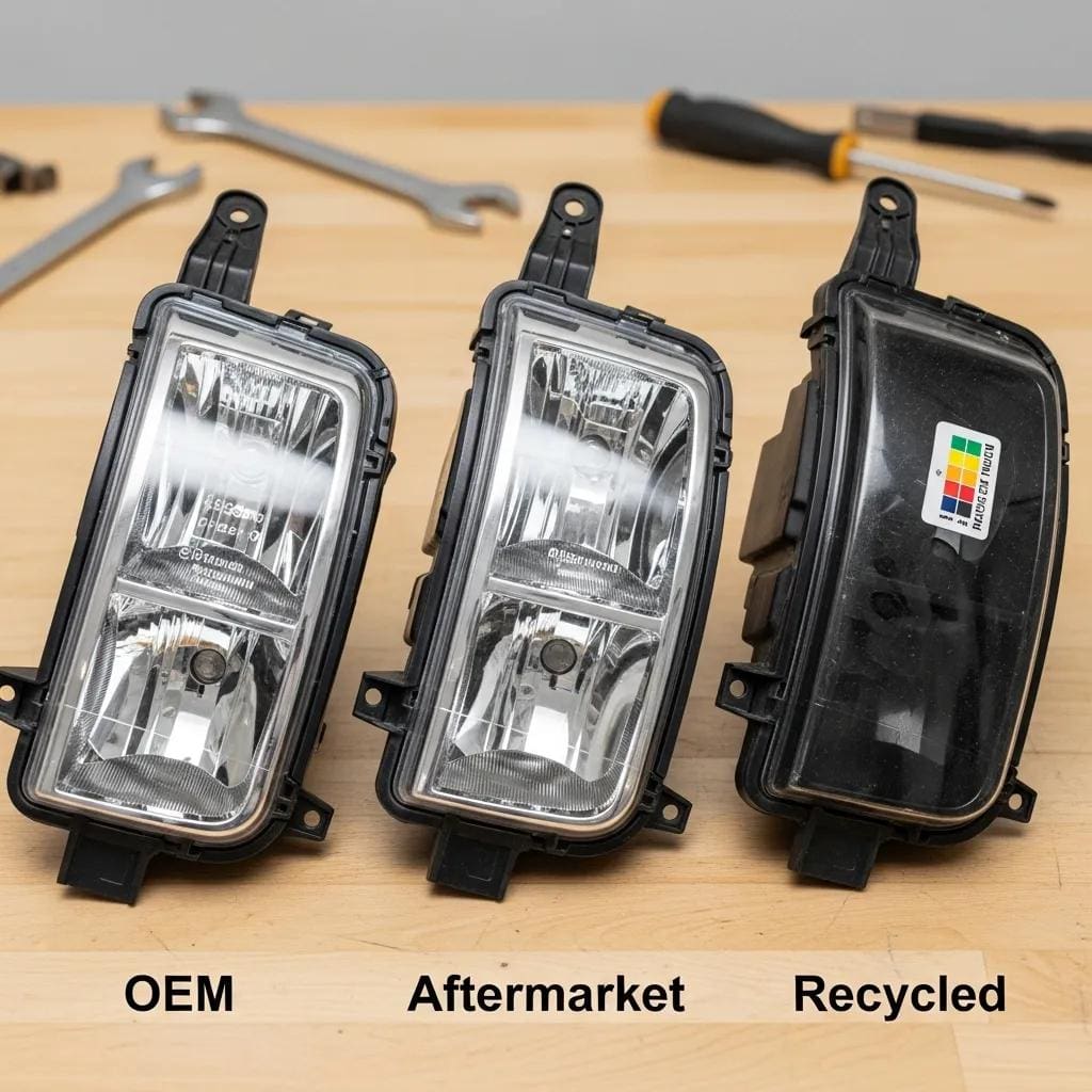 Three types of car parts—OEM, aftermarket, and recycled—laid out on a workbench