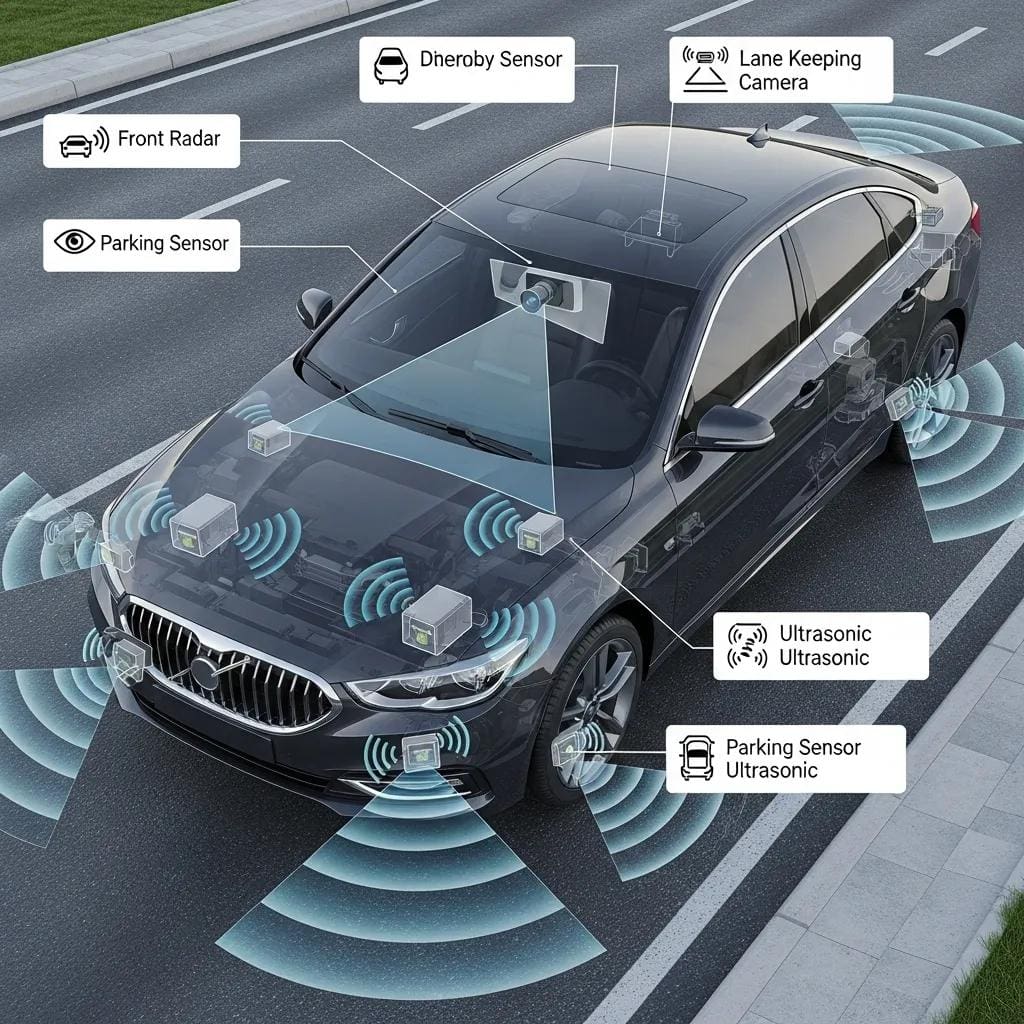 Different types of ADAS sensors including radar, camera, and ultrasonic sensors in automotive context