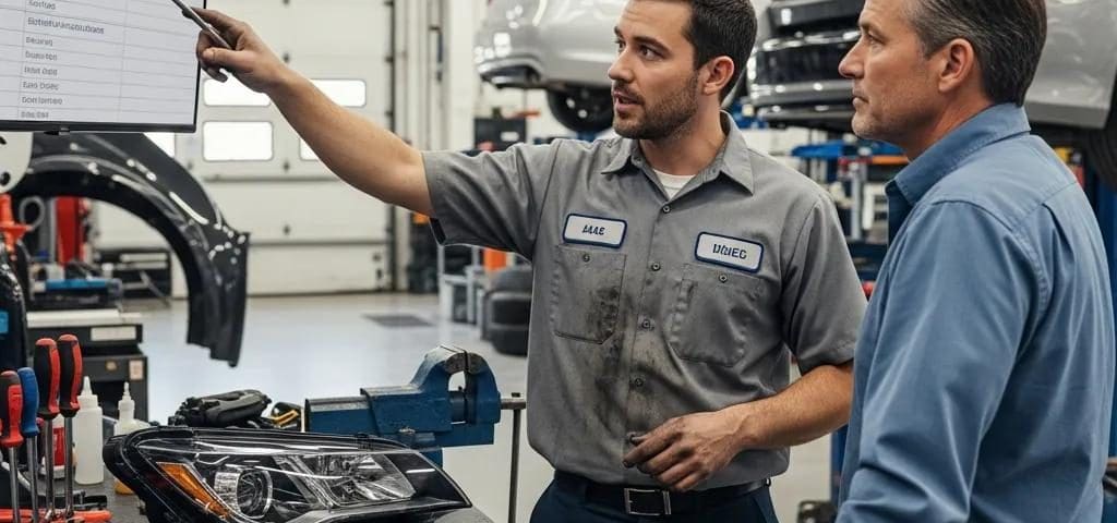 Mechanic explaining a collision repair estimate to a customer in an auto body shop